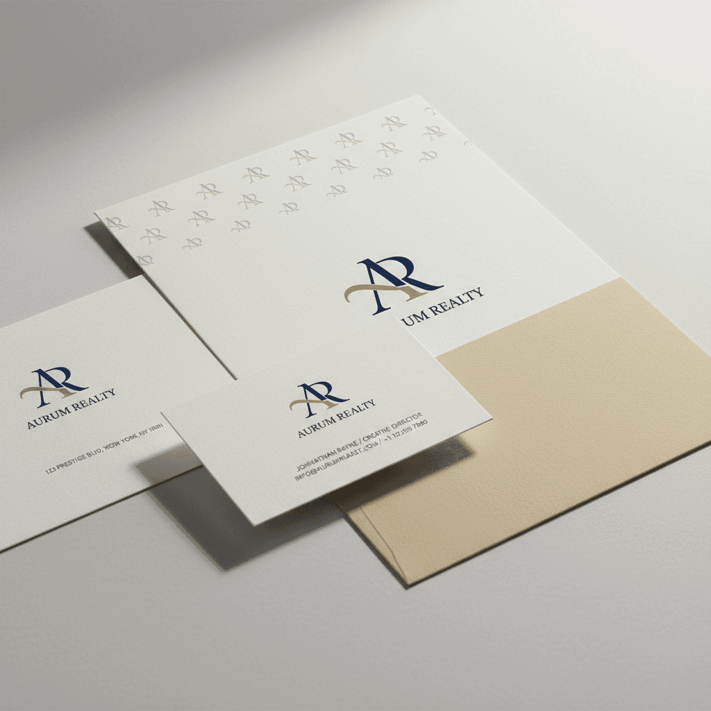 Logo applied across business stationery mockup showing cards, letterhead, and envelope