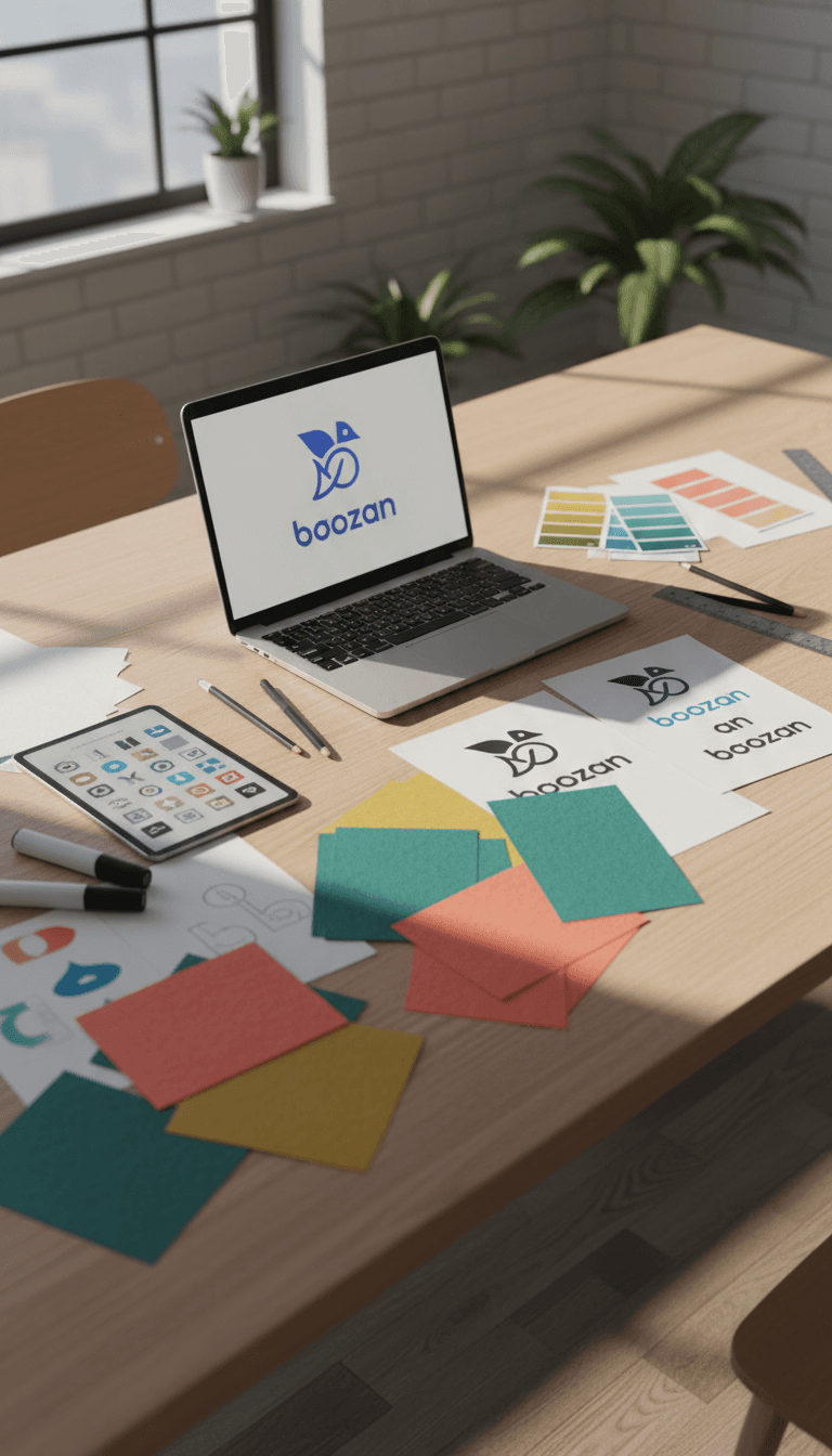 Designer workspace with logo sketches and design materials