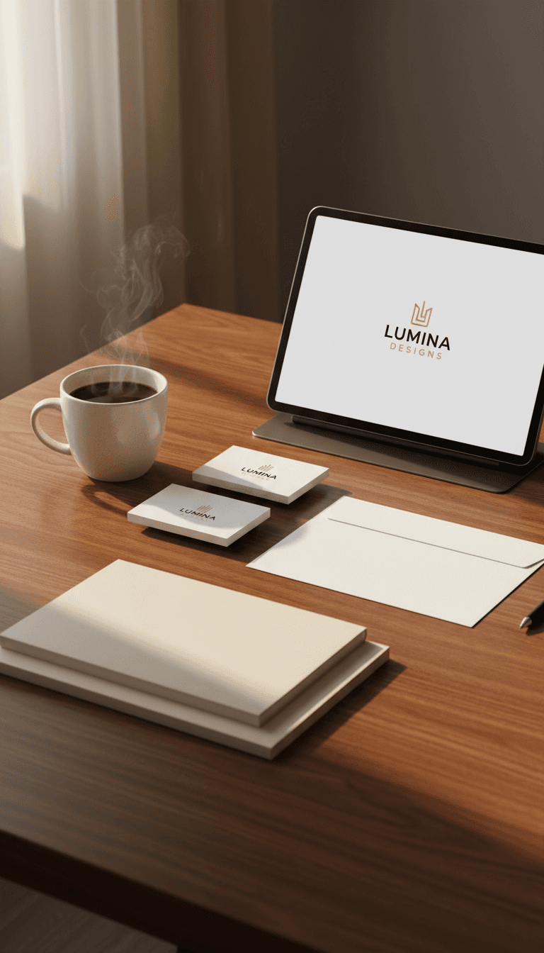 Finished logo design mockup on tablet and printed materials