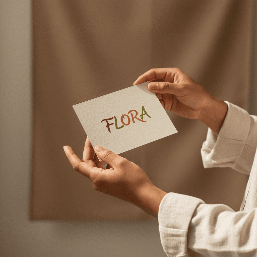Designer holding printed logo mockup with flowing organic letterforms