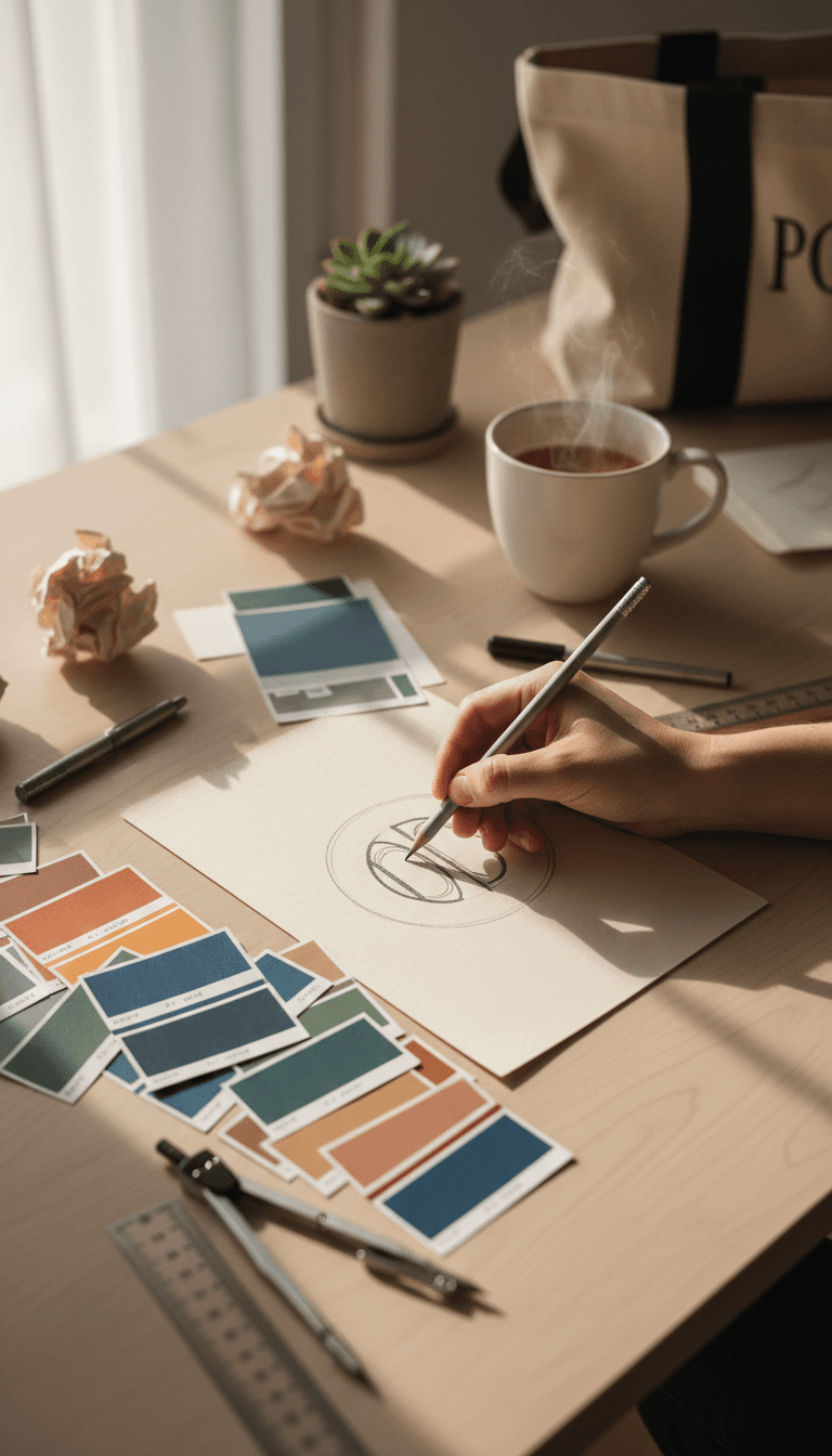 Designer's workspace with logo sketches and design tools in natural light