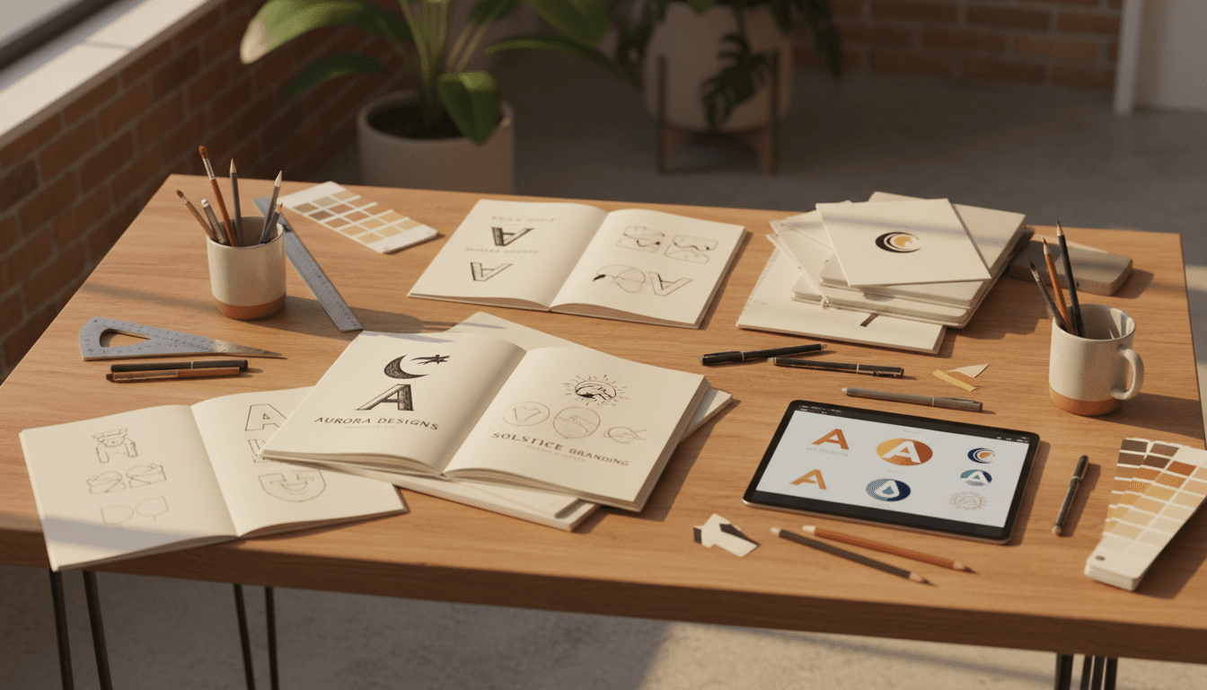 Designer's workspace showing logo sketches and digital design process