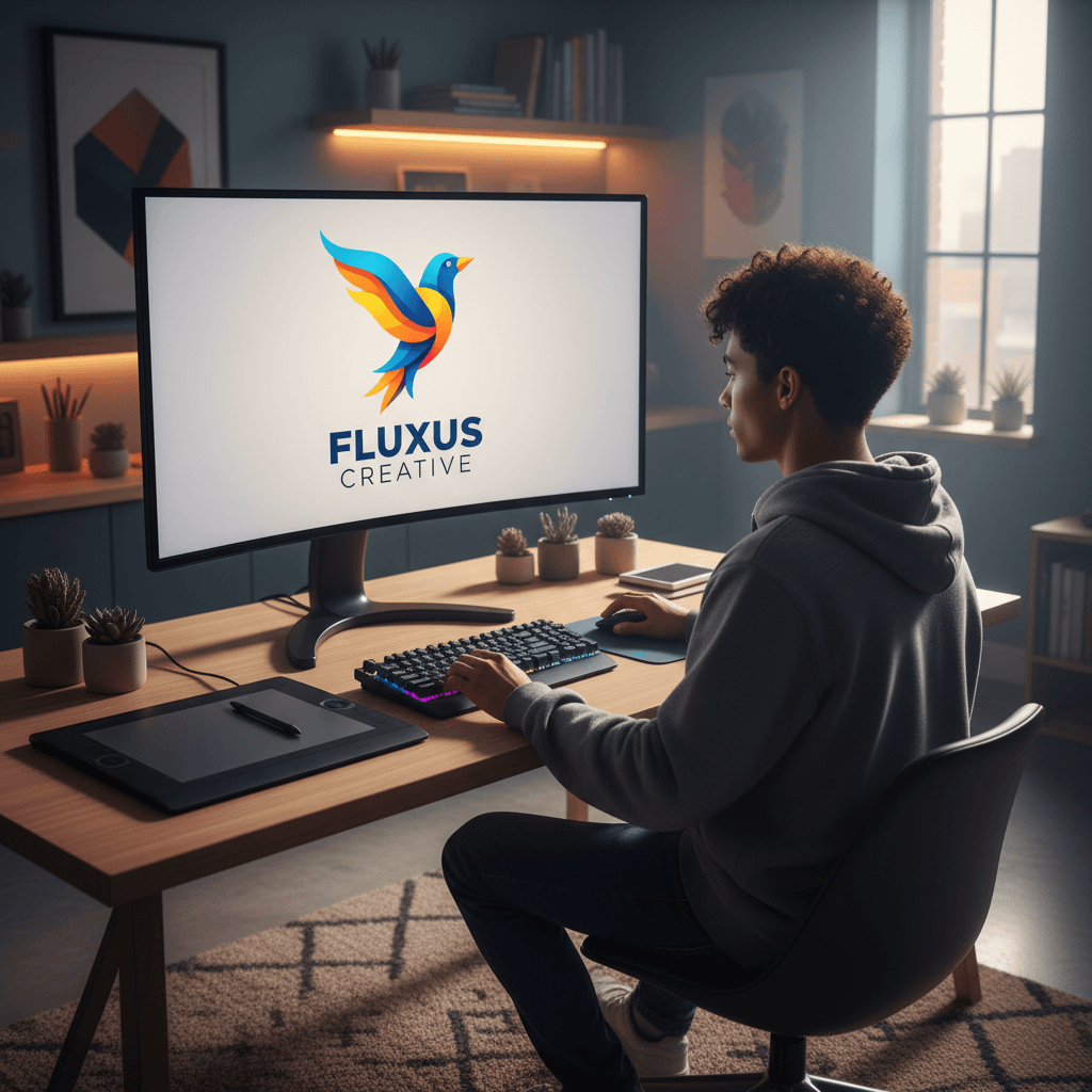 Logo design displayed on computer monitor in studio