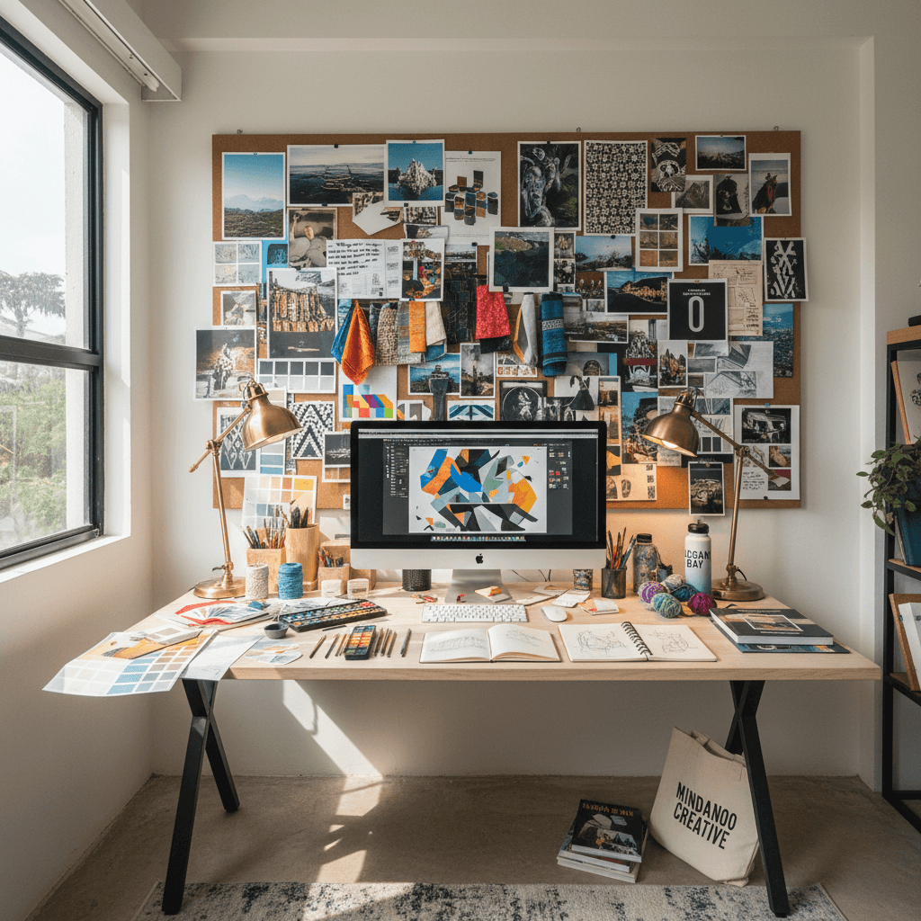 Bright Badge Studio workspace with design tools and inspiration materials