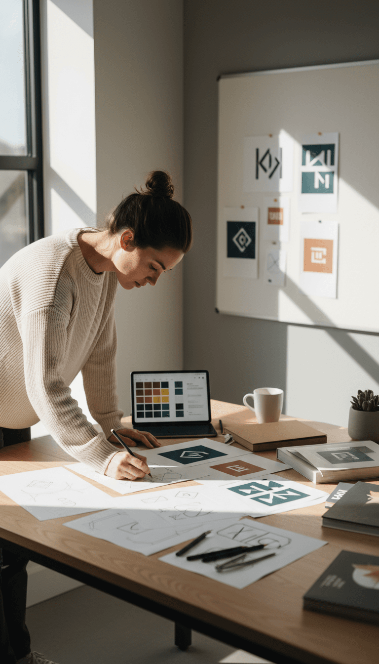 Designer reviewing logo concepts and color palettes at workspace