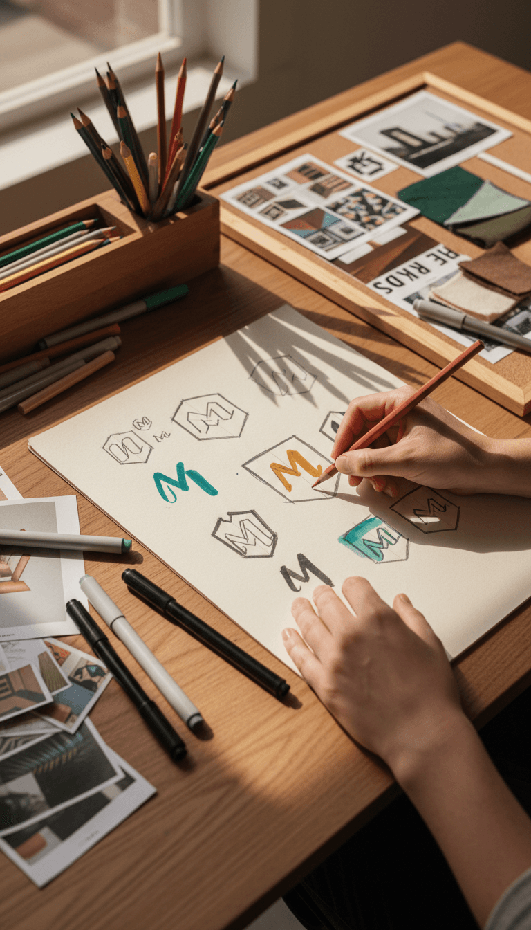 Designer sketching custom logo concepts by hand