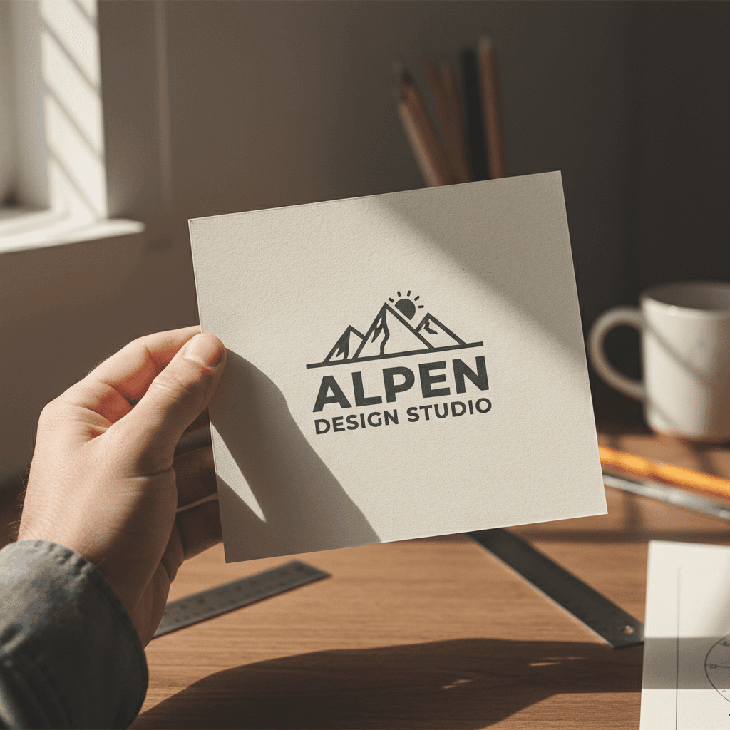 Designer holding printed logo mockup in natural light