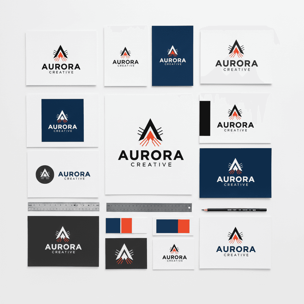 Multiple logo variations and color treatments displayed in flat-lay arrangement