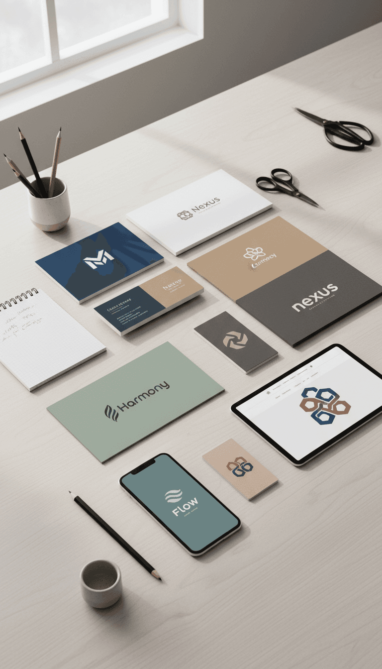Completed logo designs on brand mockups