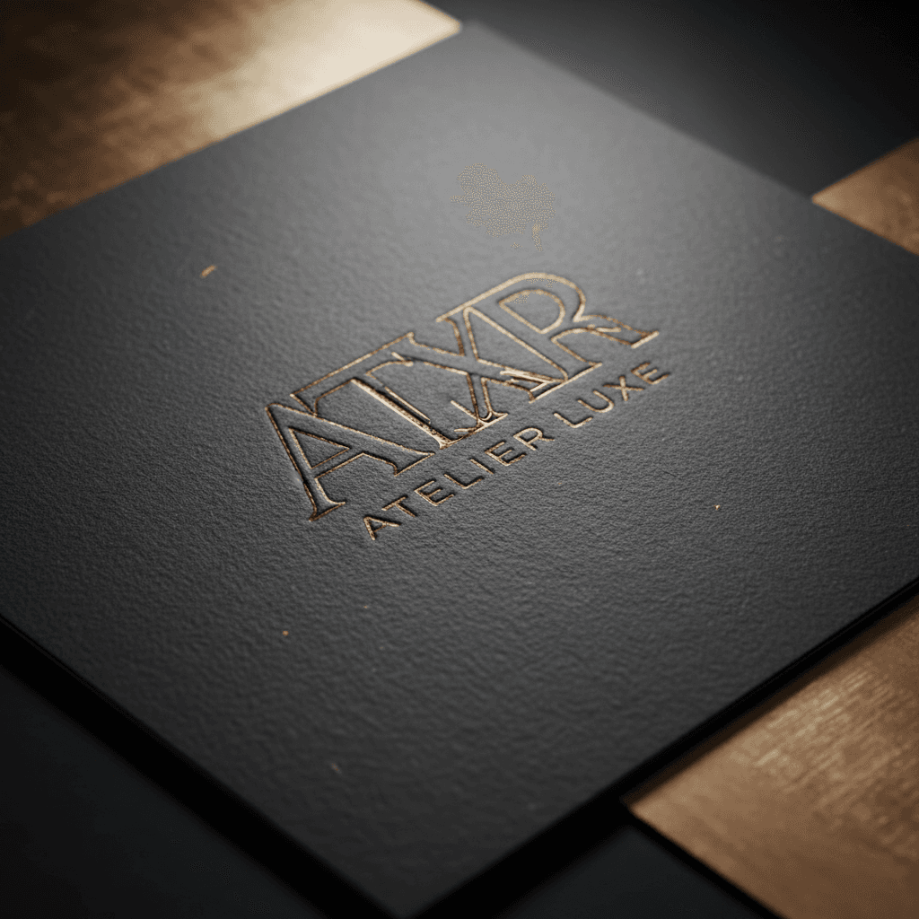 Embossed logo on premium cardstock with dramatic side lighting highlighting texture