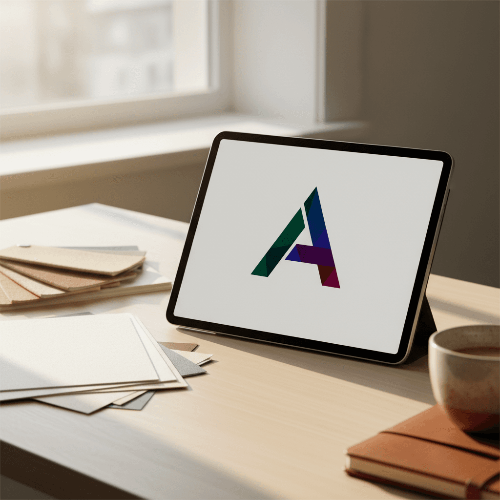Logo design displayed on tablet in studio workspace