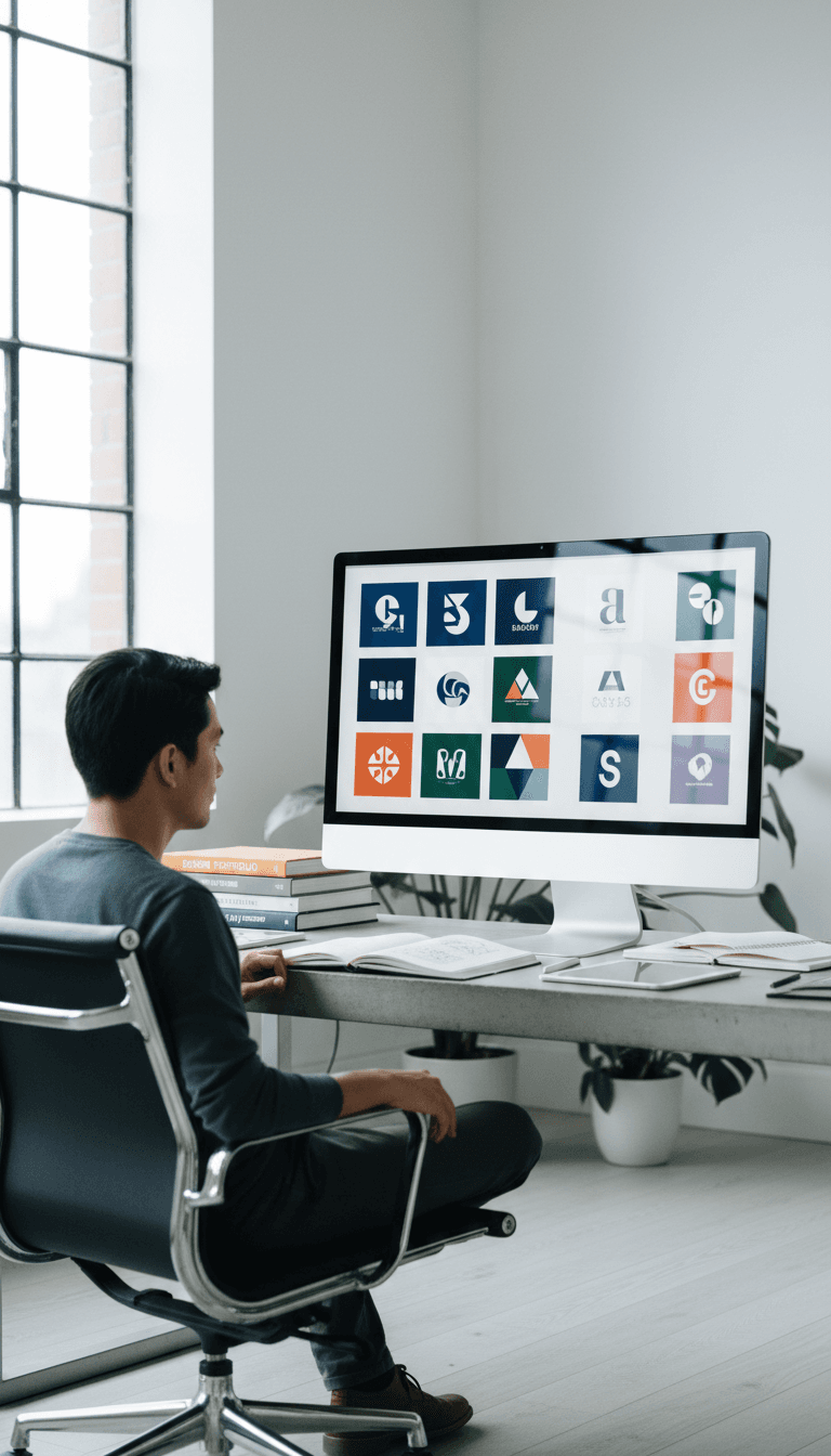 Designer reviewing final logo design on screen