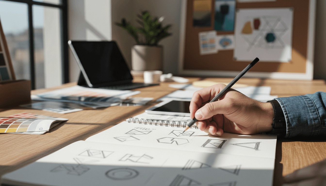 Designer sketching logo concepts on paper in a bright creative workspace