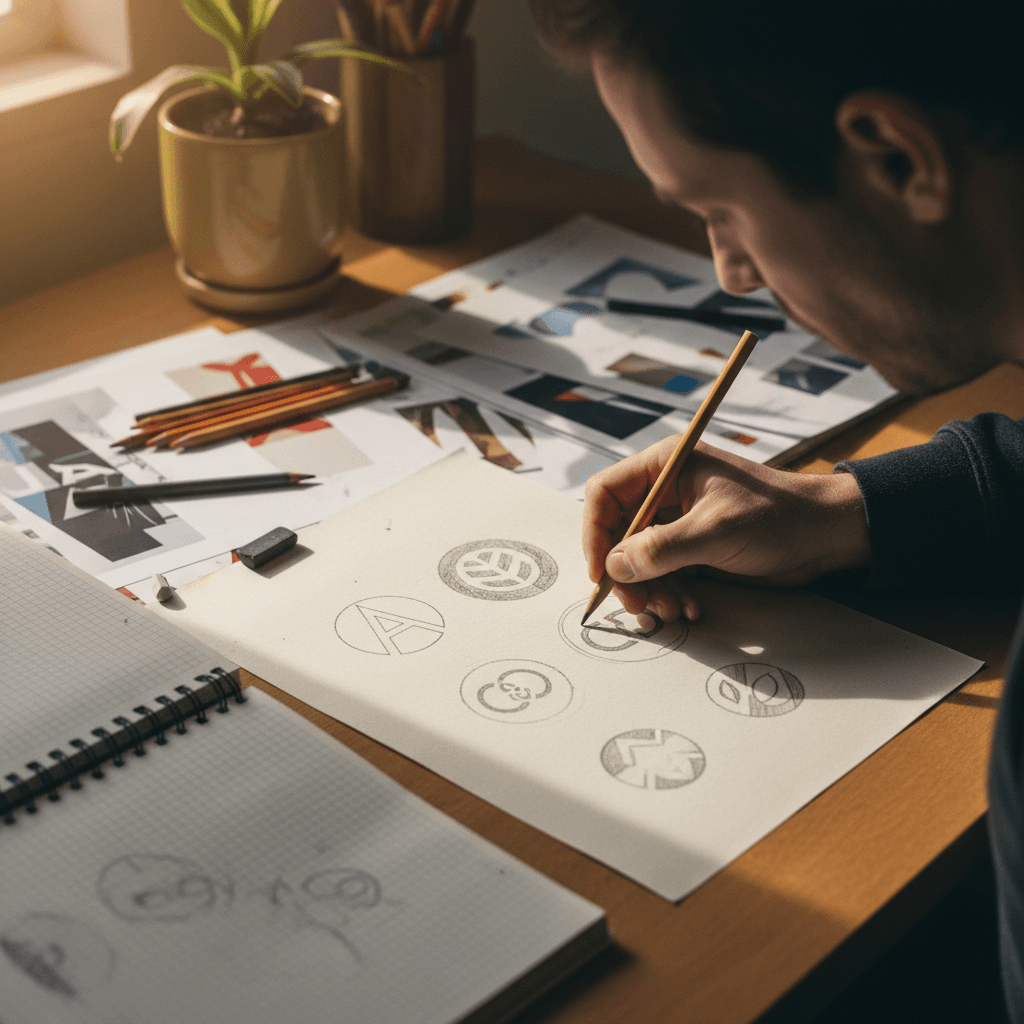Designer sketching logo concepts by hand