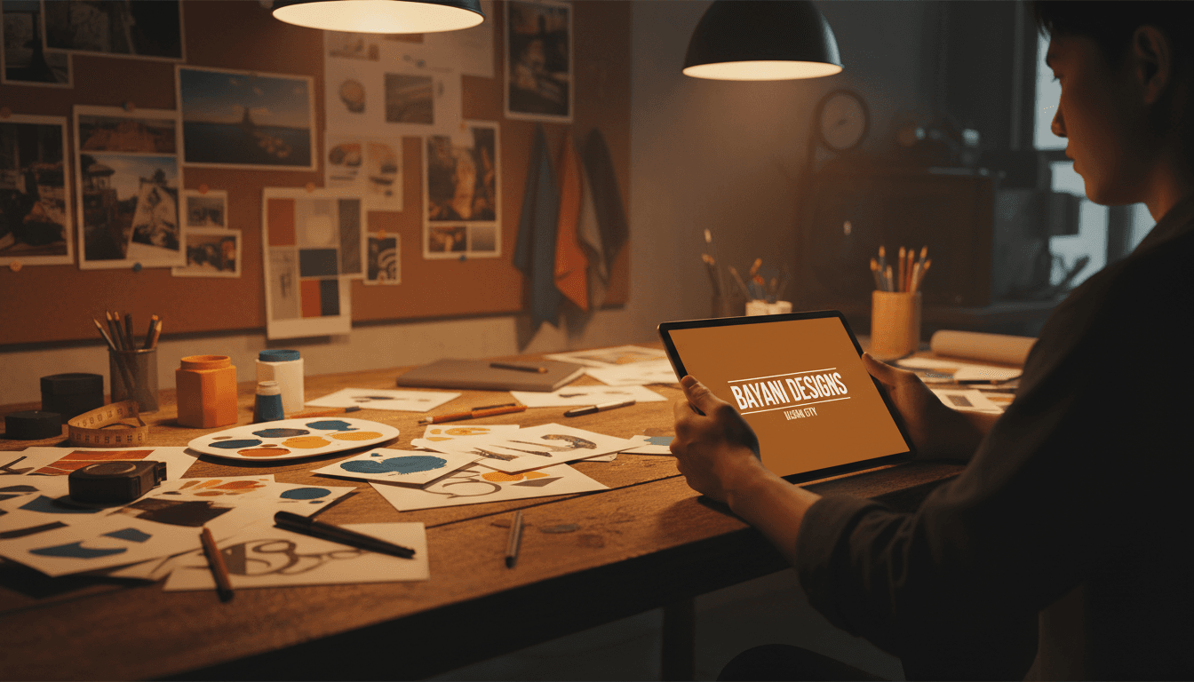 Designer presenting a finished logo design at a creative workspace