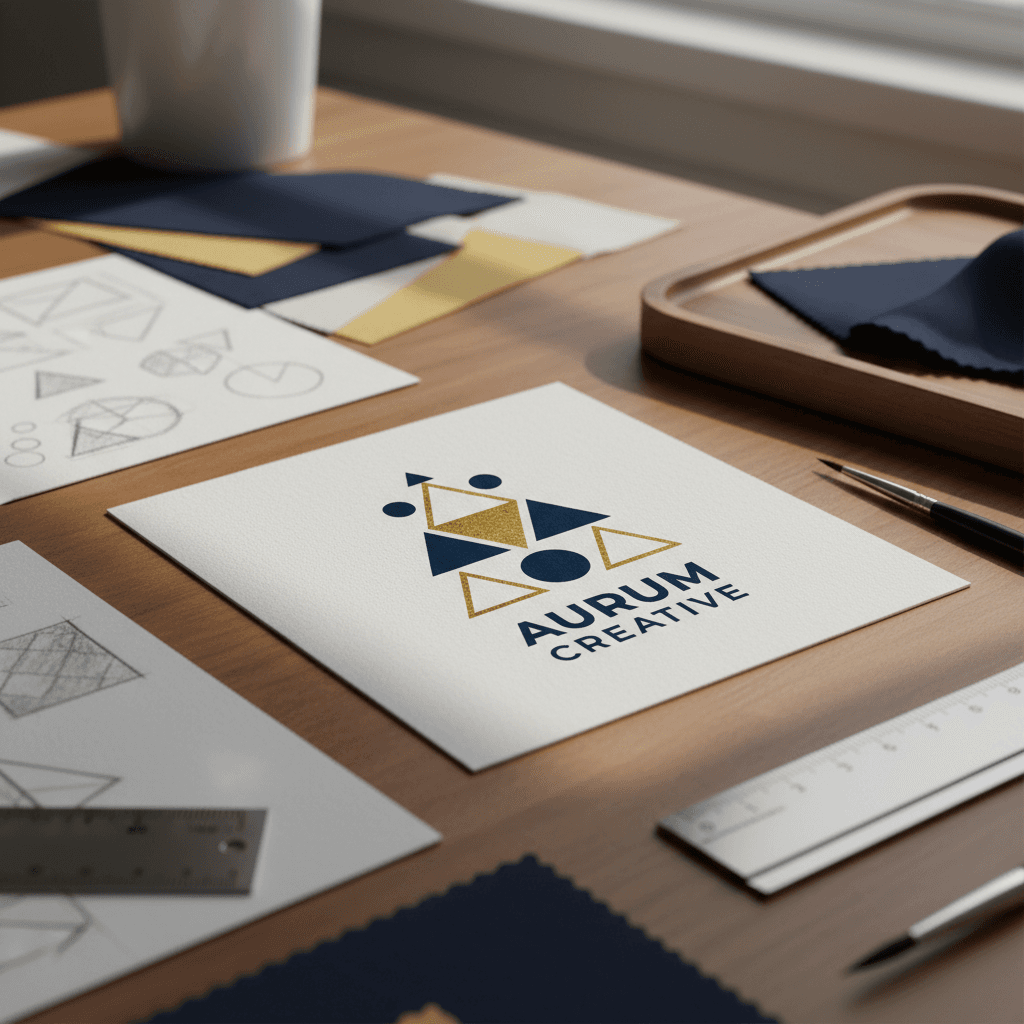 Finished logo design on white cardstock with geometric shapes in navy and gold