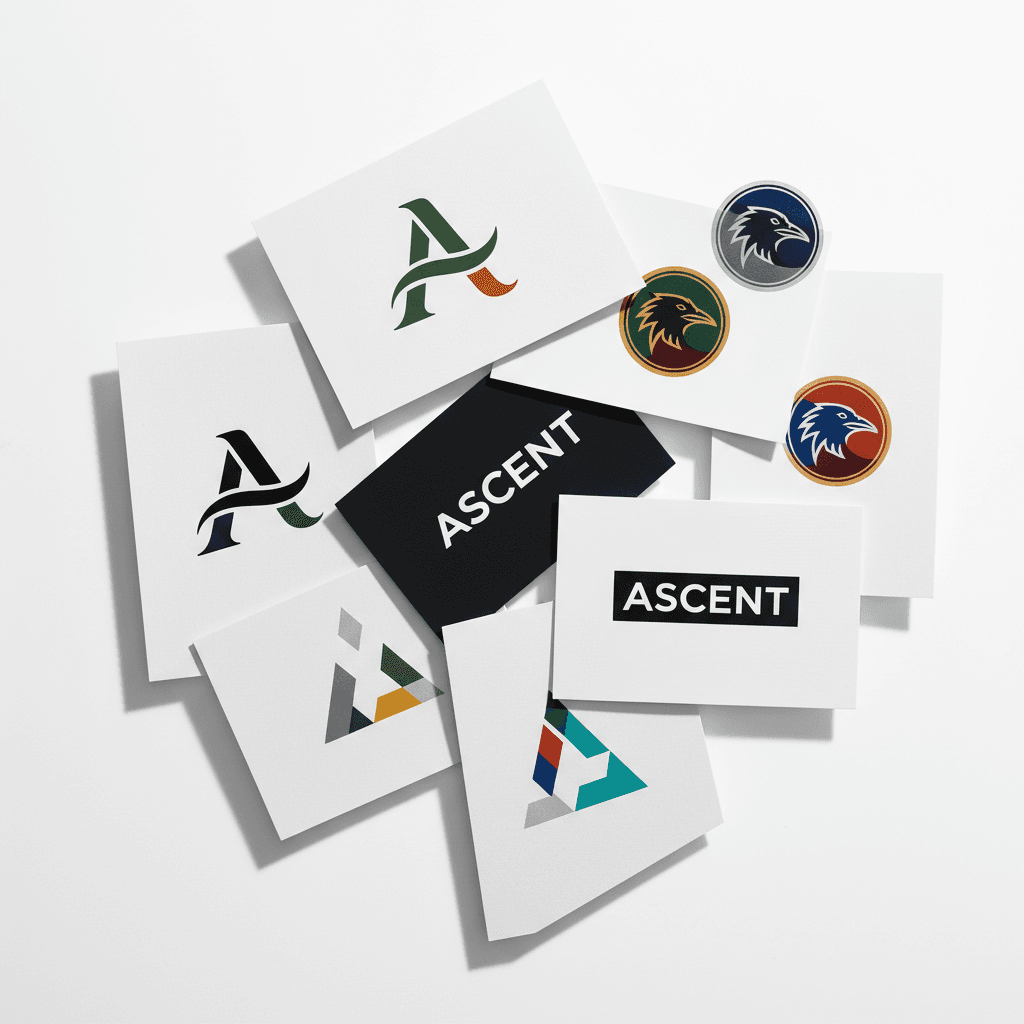 Multiple logo design variations printed and displayed
