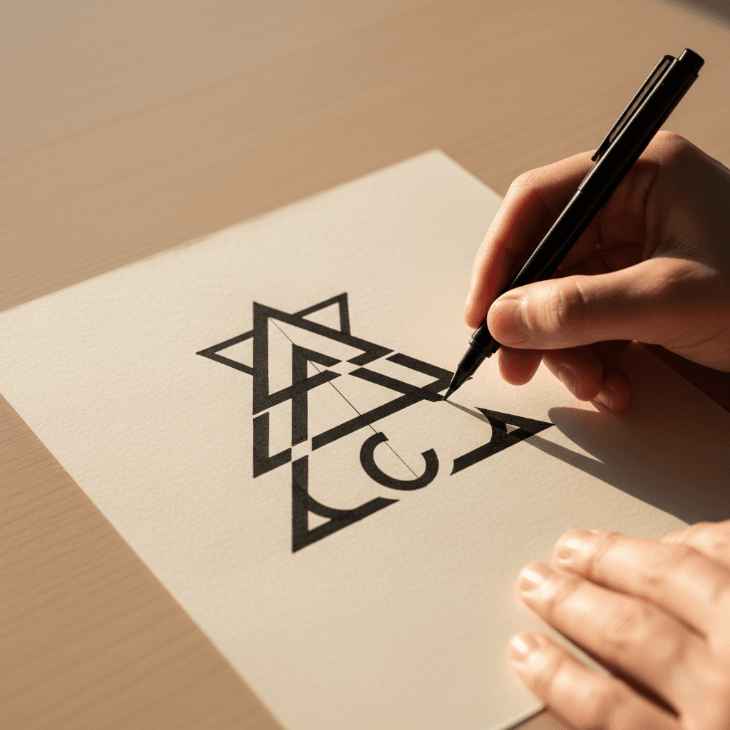 Designer sketching a geometric logo concept on paper